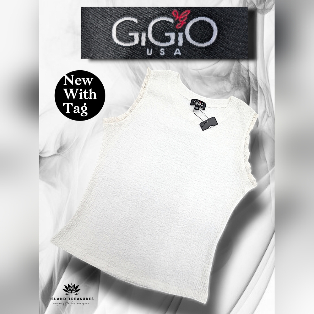 New G1 GiGiO Women Sz L White Textured Lace Trim Soft Gentle Stretch Tank Top